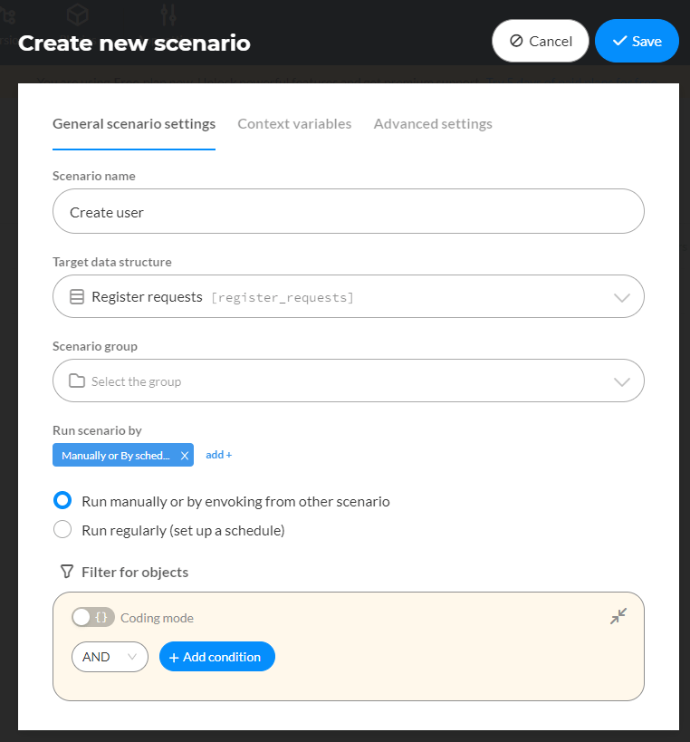 Create New Scenario Create User