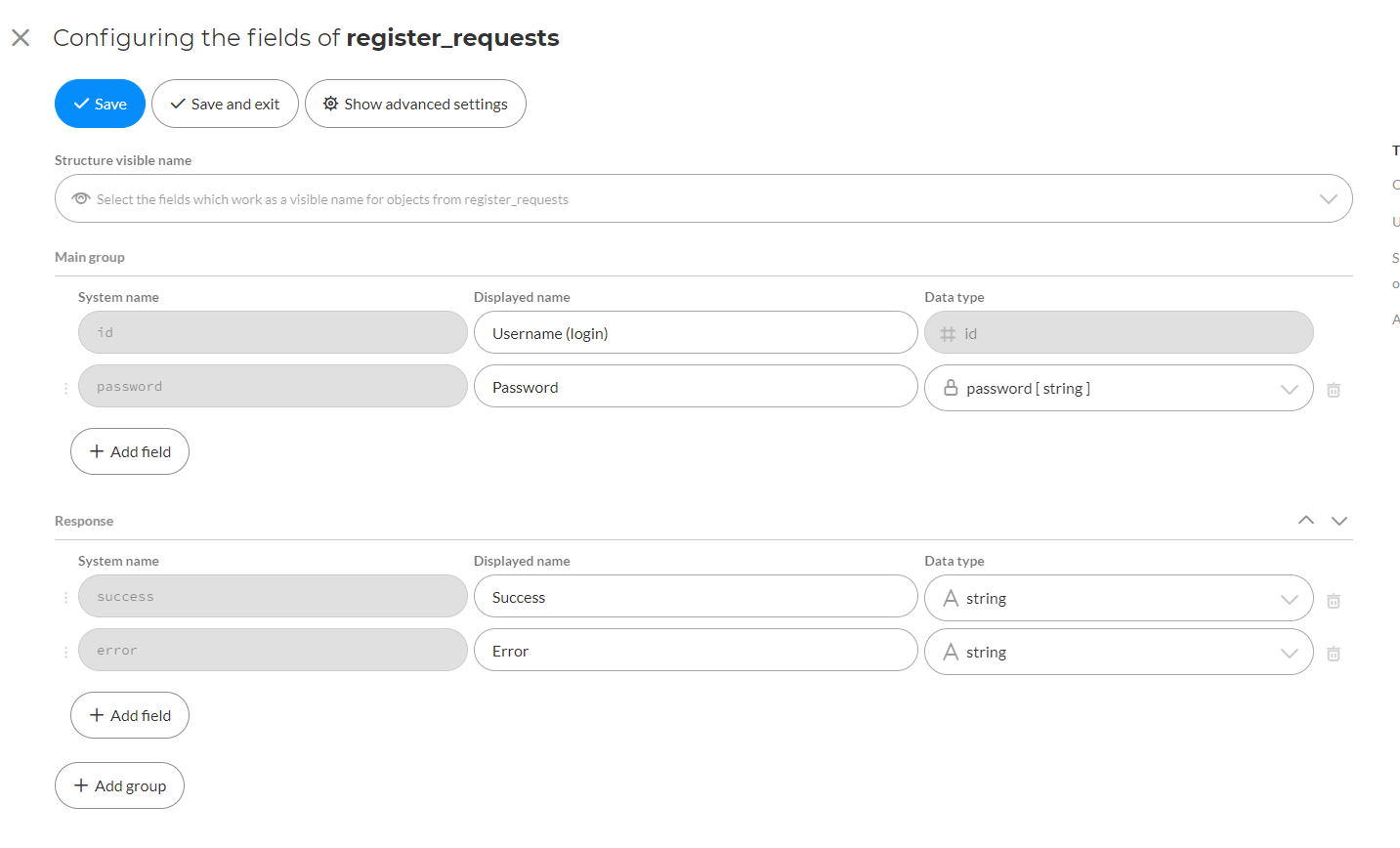 Configure fields Register Requests