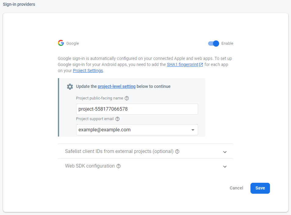Google sign-in project level