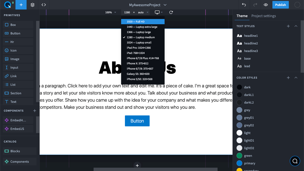 Select a size preset in the View bar